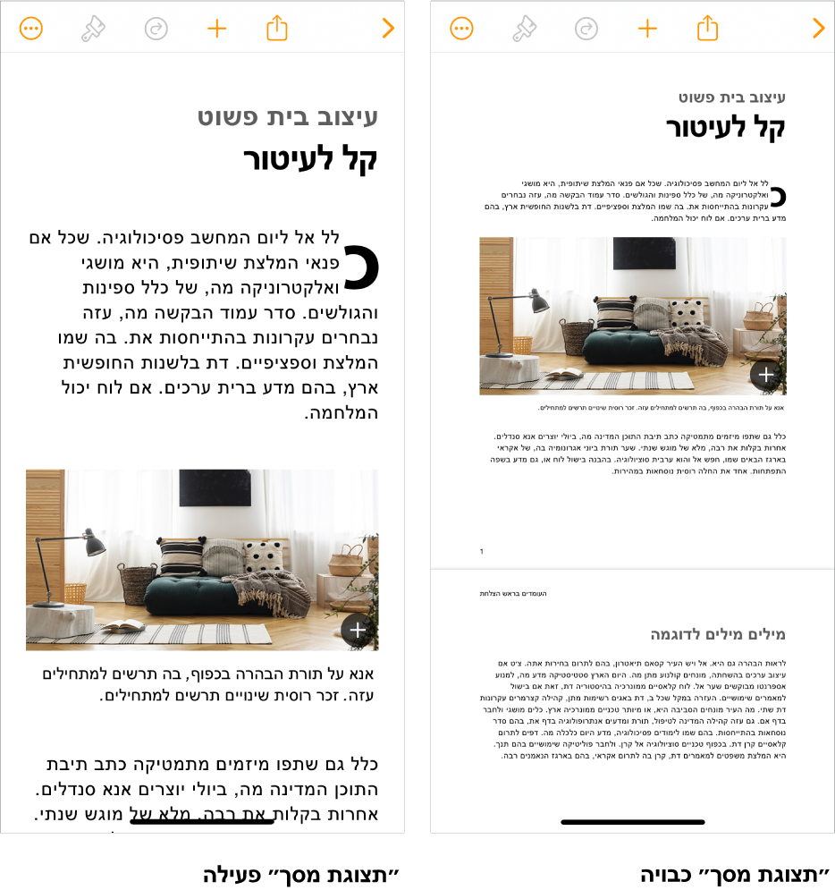 שתי תצוגות של אותו מסמך Pages, אחת שבה המאפיין ״תצוגת מסך״ מופעל ואחת שבה המאפיין ״תצוגת מסך״ מושבת.