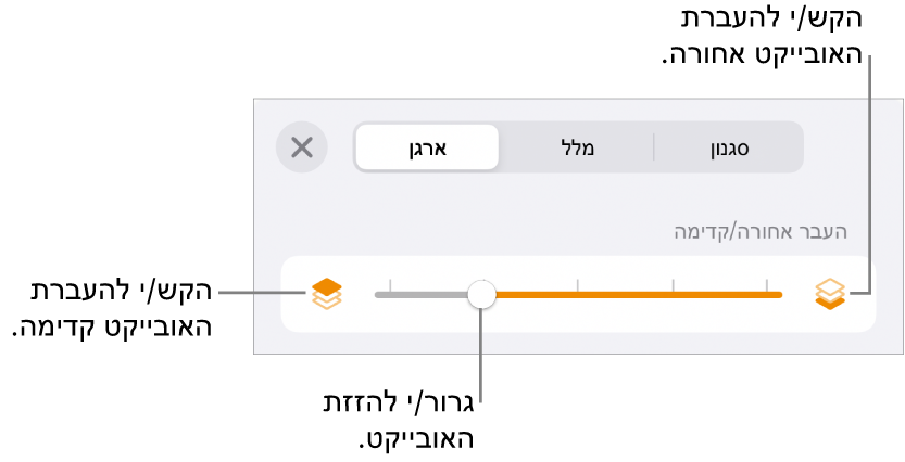 הכפתור ״העבר אחורה״, הכפתור ״העבר קדימה״ והמחוון של סידור בשכבות