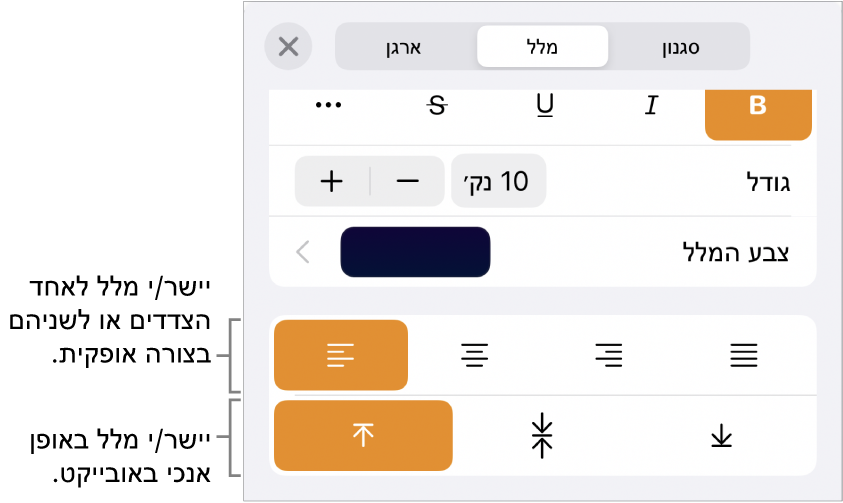 החלונית ״פריסה״ עם הסברים לכפתורי יישור וריווח של מלל.