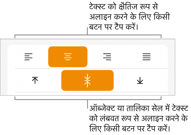 टेक्स्ट के लिए क्षैतिज और लंबवत अलाइनमेंट बटन।