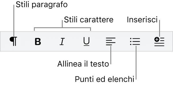 La barra di formattazione rapida con le icone per stili di paragrafo, allineamento del testo, punti ed elenchi e l'inserimento di altri elementi.