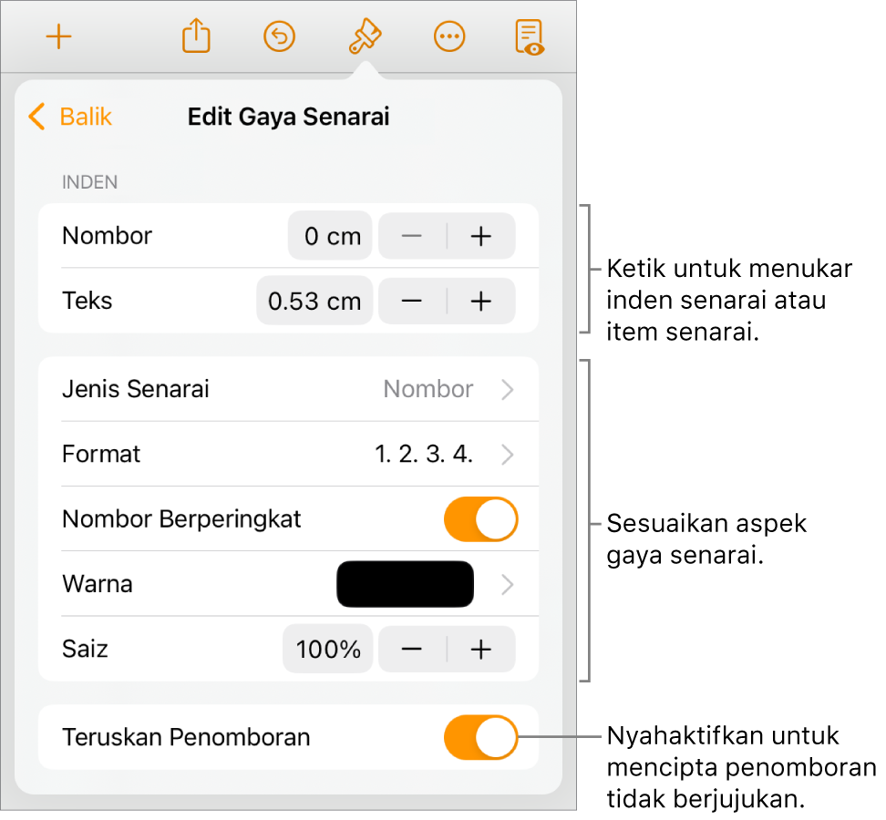 Menu Edit Gaya Senarai dengan kawalan untuk jarak inden, jenis dan format senarai, nombor berperingkat, warna dan saiz senarai serta nombor berterusan.