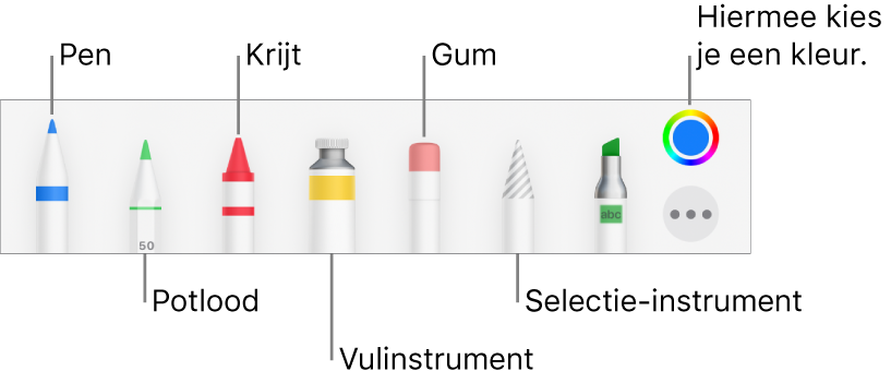 De knoppenbalk voor tekenen met een pen, potlood, krijt, vulinstrument, gum en selectie-instrument en een kleurenvak met de huidige kleur.