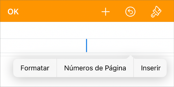 Janela “Configuração do Documento” com o ponto de inserção em um campo de cabeçalho e um menu local com dois itens de menu: “Números de Página” e Inserir.
