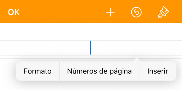 A janela “Configurar documento” com o ponto de inserção num campo de cabeçalho e um menu pop‑up com dois elementos de menu: Números de página e Inserir.