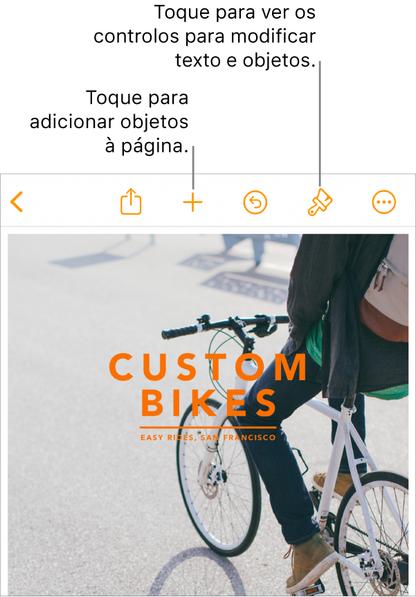 Um documento do Pages com botões na barra de ferramentas para abrir os controlos de formatação e adicionar objetos.