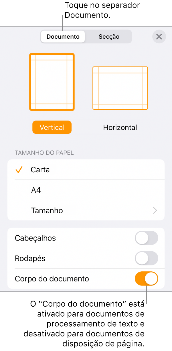 Os controlos de formatação do Documento com a opção “Corpo do documento” ativada perto da parte inferior do ecrã