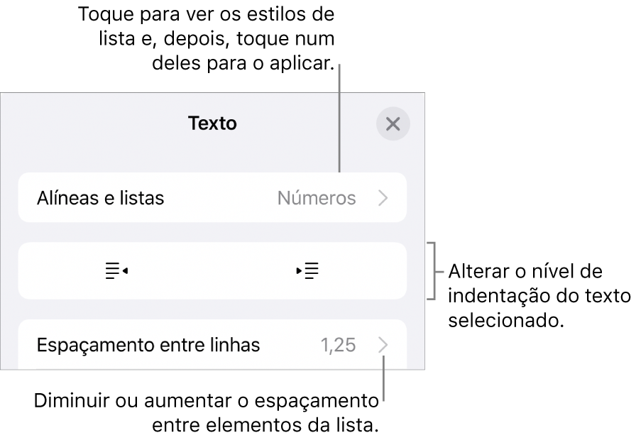 A secção “Marcas e listas” dos controlos de Formatação com chamadas para “Marcas e listas”, botões de remover indentação e de indentação e controlos de espaçamento.