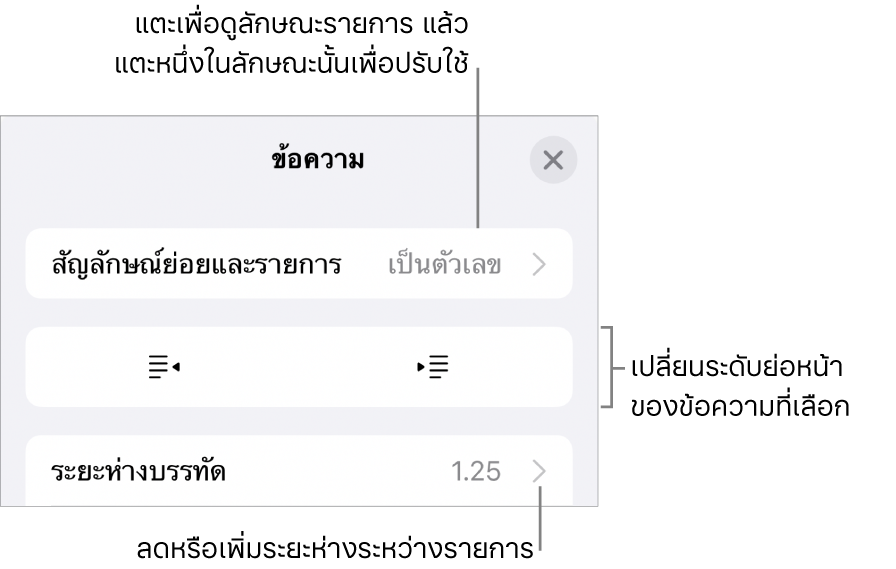 ส่วนสัญลักษณ์ย่อยและรายการของตัวควบคุมรูปแบบที่มีคำบรรยายสำหรับสัญลักษณ์ย่อยและรายการ ปุ่มการเยื้องออกและการเยื้องเข้า และตัวควบคุมระยะห่างบรรทัด