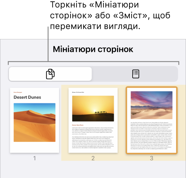 Перегляд мініатюр сторінок з мініатюрами кожної сторінки. Кнопка «Мініатюри сторінок» і кнопка «Зміст» розміщені внизу екрана.