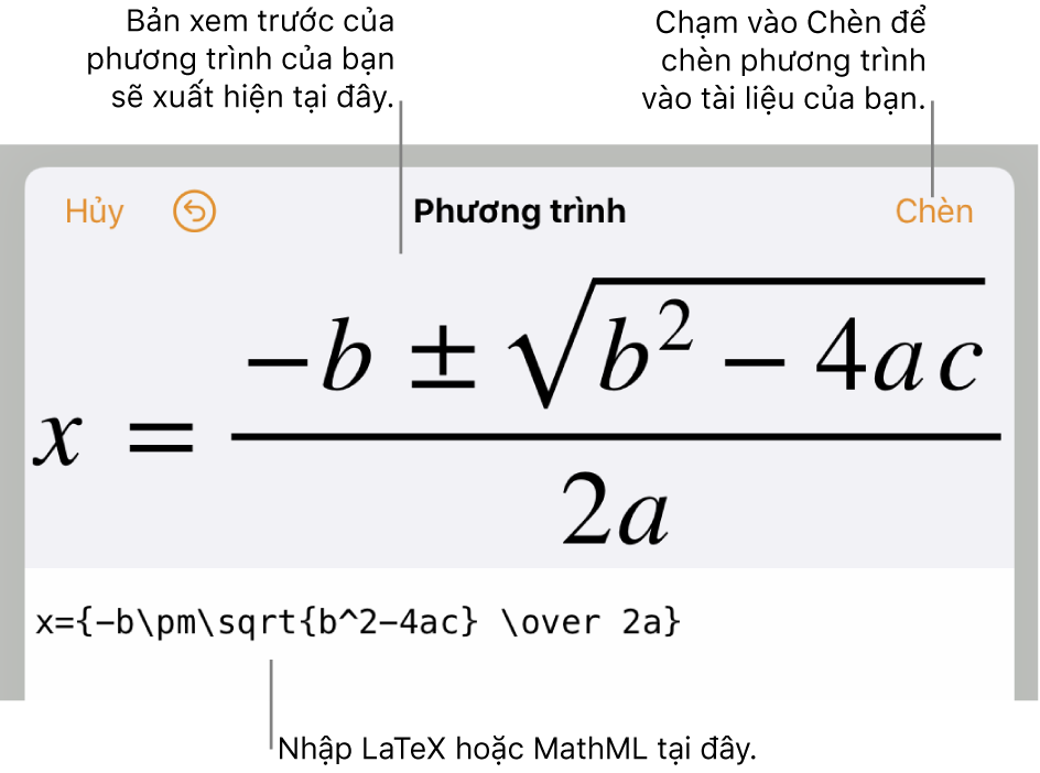 Hộp thoại Phương trình, đang hiển thị công thức bậc hai được viết bằng các lệnh LaTeX và bản xem trước của phương trình ở bên trên.