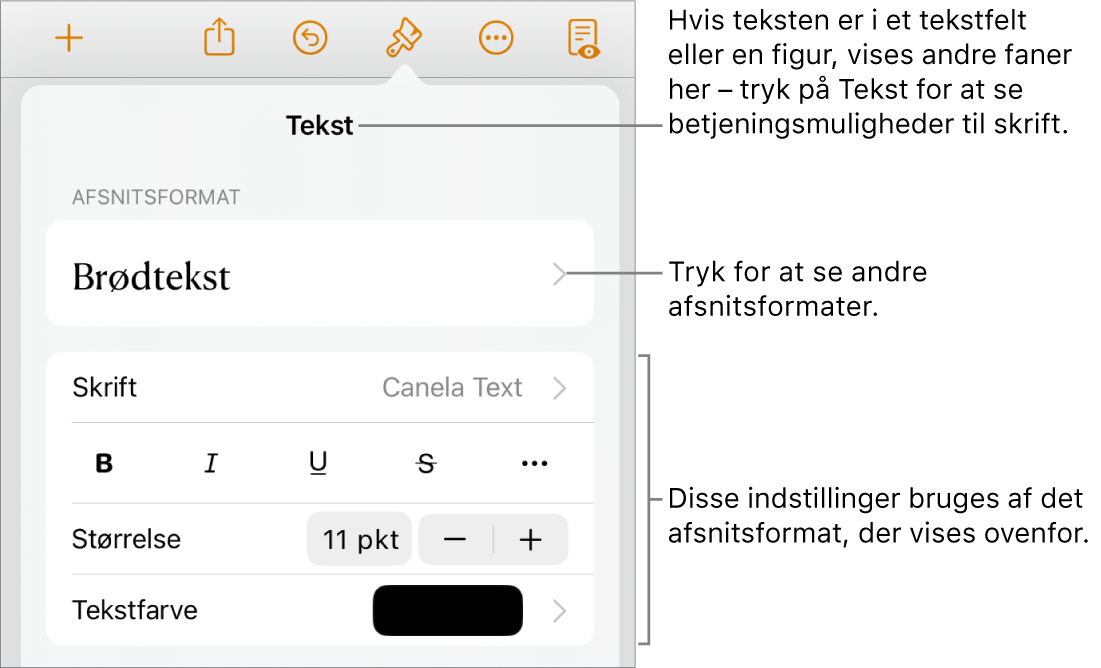 Menuen Format, der viser betjeningsmuligheder til tekst til indstilling af afsnits- og tegnformater, skrift, størrelse og farve.