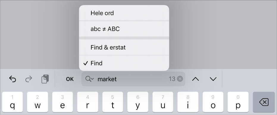 Søgemenuen med Søg, Søg og erstat, abc ≠ ABC og Hele ord.