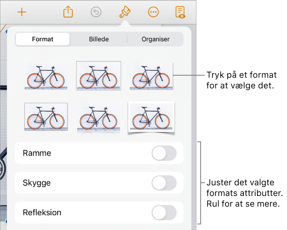 Fanen Format til menuen Format med objektformater øverst og derunder betjeningsmuligheder til ændring af ramme, skygge, refleksion og opacitet.