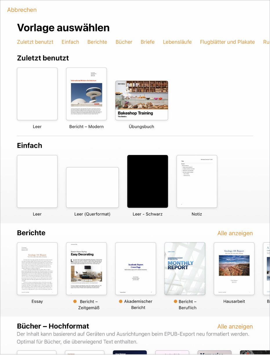 Die Vorlagenauswahl zeigt oben eine Zeile mit Kategorien, auf die du tippen kannst, um die Optionen zu filtern. Darunter sind die Miniaturen der vordefinierten Vorlagen in Zeilen nach Kategorie sortiert, angefangen bei „Zuletzt benutzt“ oben und gefolgt von „Einfach“ und „Berichte“. Die Taste „Alle anzeigen“ befindet sich über und rechts von jeder Kategoriezeile.