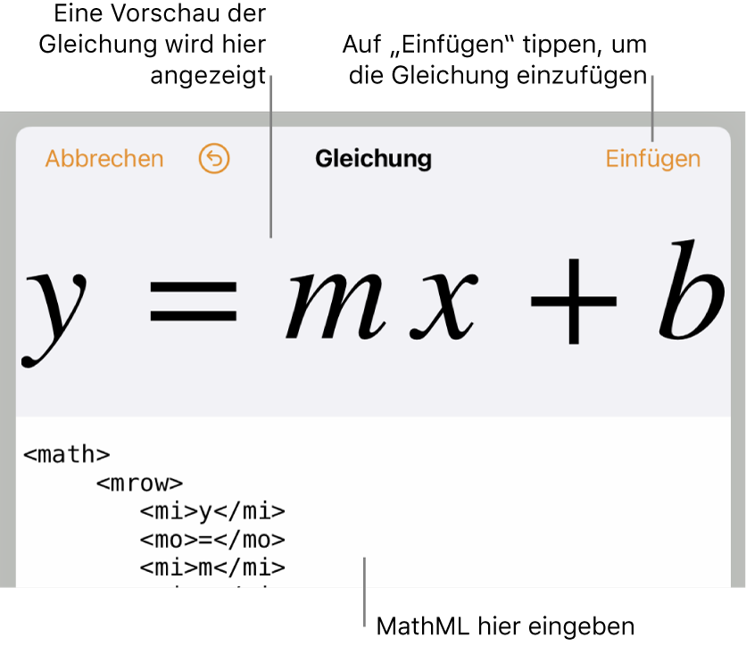 MathML-Code für die Gleichung der Steigung einer Linie und einer Vorschau der Formal darüber.
