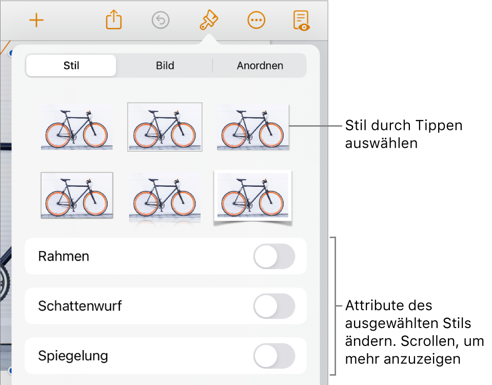 Der Tab „Stil“ des Menüs „Format“ mit Objektstilen oben und Steuerelementen zum Ändern des Rahmens, des Schattens, der Reflexion und der Deckkraft darunter.