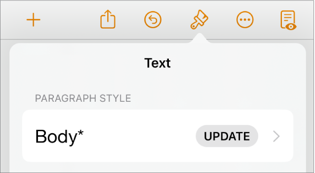 The Body paragraph style with an asterisk next to it and an Update button on the right.
