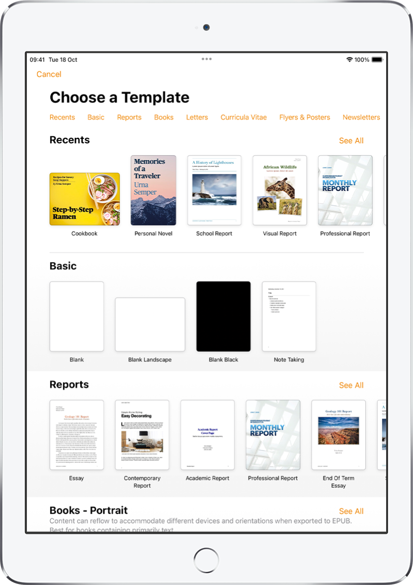 The template chooser, showing a row of categories across the top that you can tap to filter the options. Below are thumbnails of pre-designed templates arranged in rows by category, starting with Recents at the top and followed by Basic and Reports. A See All button appears above and to the right of each category row.