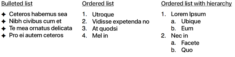 Examples of bulleted, ordered and hierarchical lists.