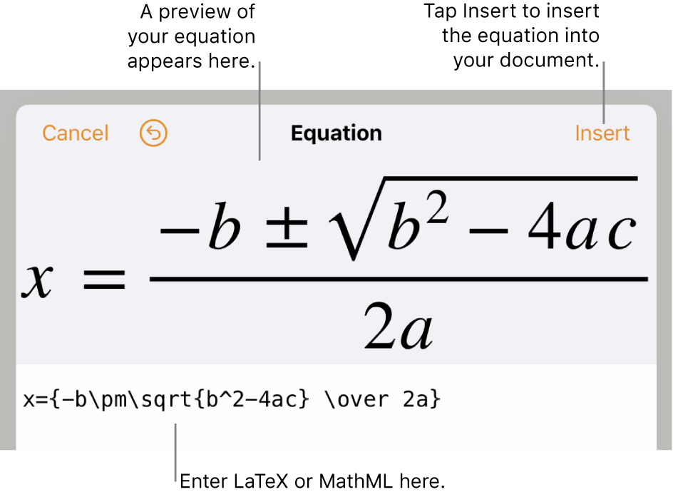 The equation editing dialogue, showing the quadratic formula written using LaTeX commands, and a preview of the formula above it.