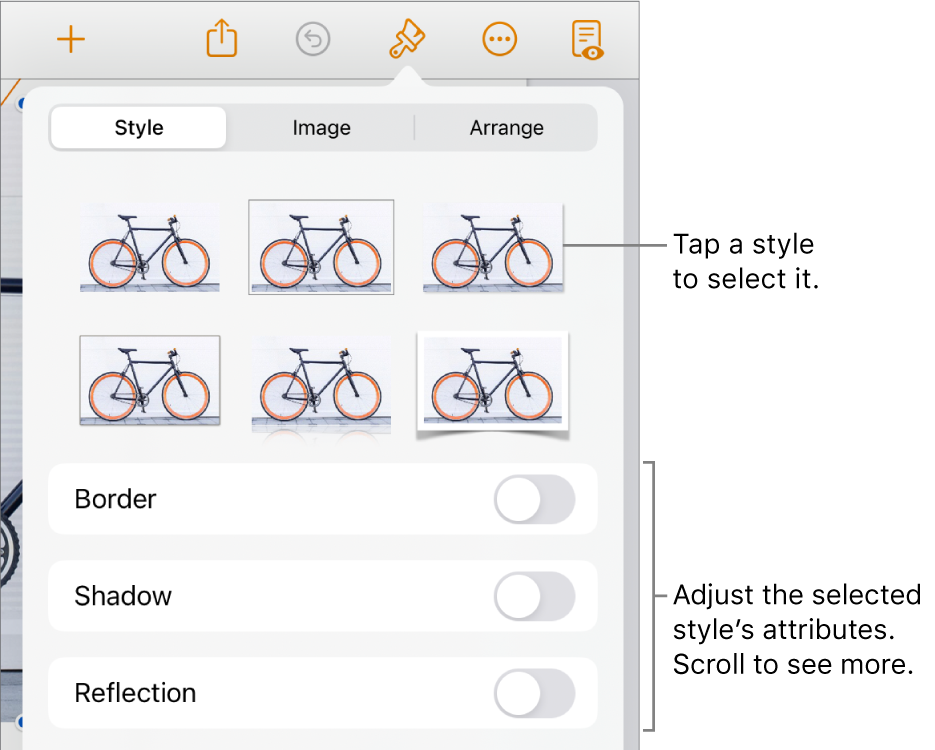 The Style tab of the Format menu with object styles at the top and controls below them to change the border, shadow, reflection and opacity.