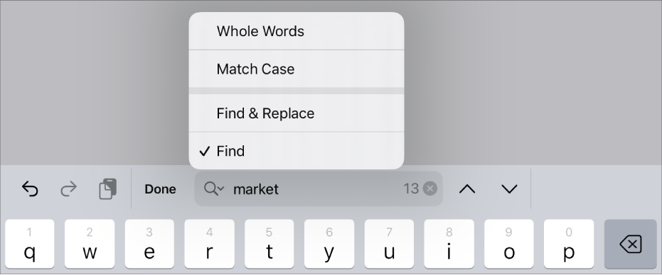 The search options menu with Find, Find and Replace, Match Case and Whole Words.