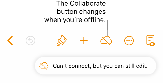 The buttons at the top of the screen, with the Collaborate button changed to a cloud with a diagonal line through it. An alert on the screen says “Can’t connect, but can still edit.”