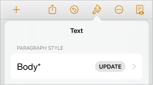 The Body paragraph style with an asterisk next to it and an Update button on the right.
