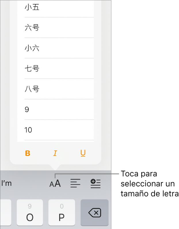 El botón Tamaño de letra del lado derecho del teclado del iPad con el menú Tamaño de letra abierto. Los tamaños de letra estándar del gobierno chino aparecen al principio del menú, arriba de los tamaños de punto.