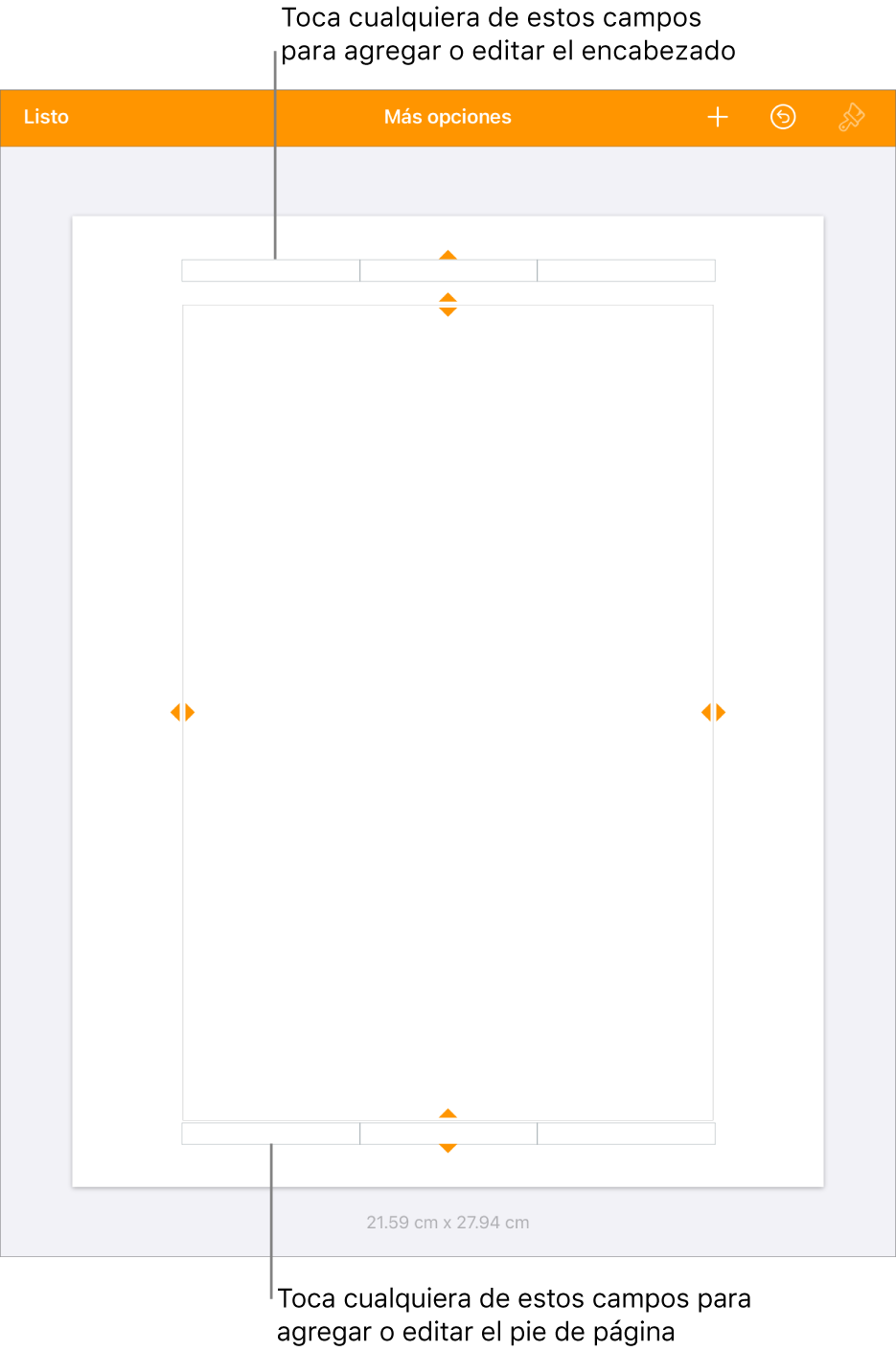 La visualización Más opciones con tres campos en la parte superior del documento para los encabezados y con tres campos en la parte inferior para los pies.