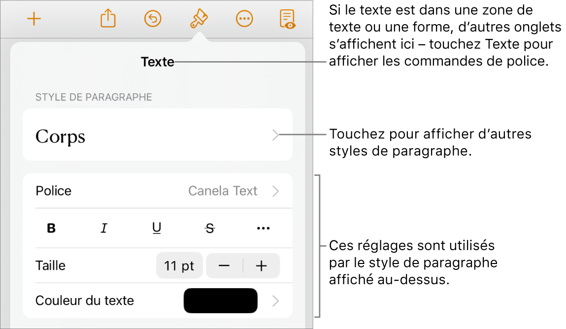 Menu Format avec commandes de texte permettant de définir les styles, la police, la taille et la couleur des paragraphes et des caractères.