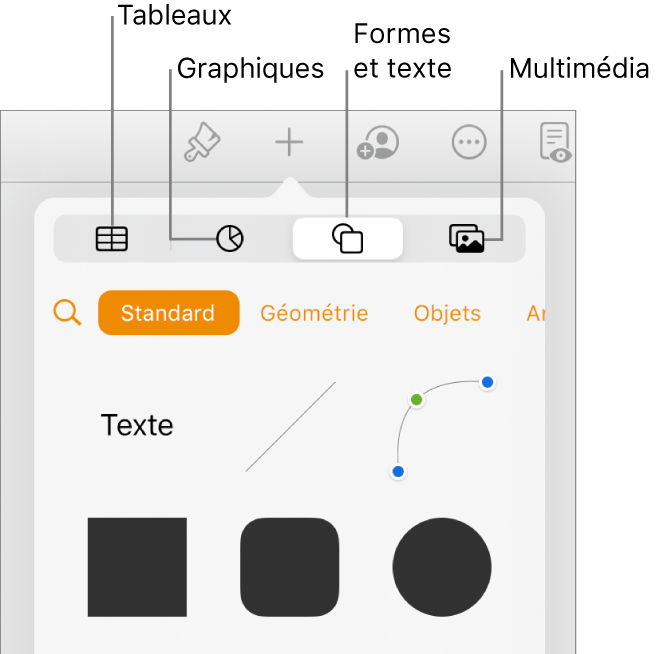 Commandes Insérer ouvertes avec boutons d’ajout de tableaux, graphiques, zones de texte, formes et contenu multimédia.