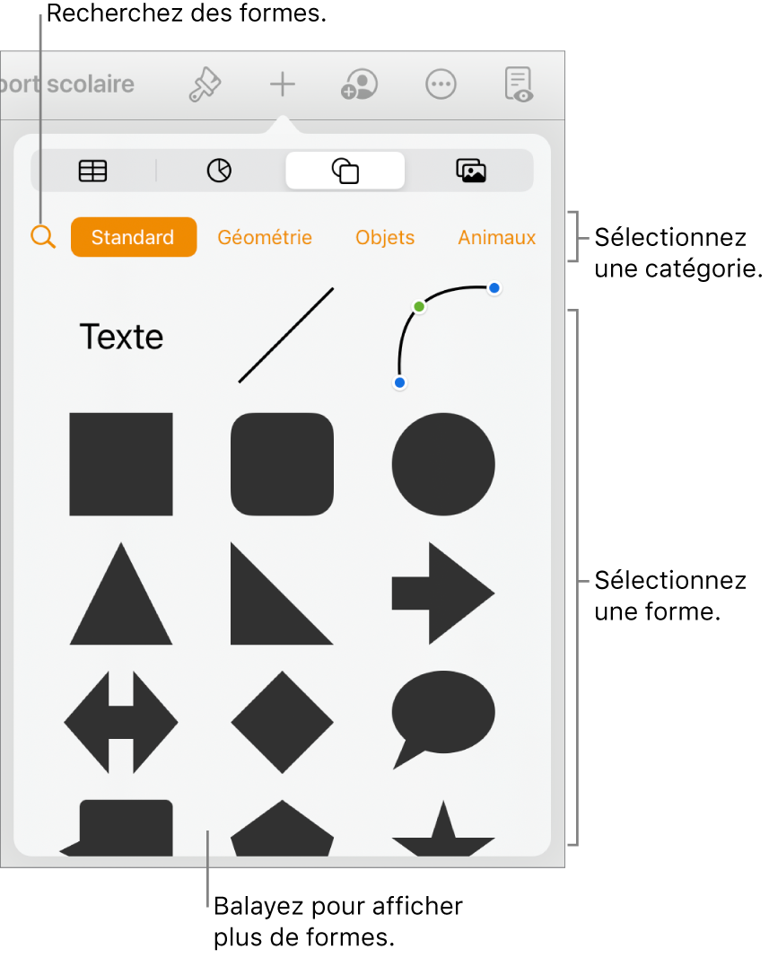 Bibliothèque de formes, les catégories étant affichées en haut et les formes, en bas. Utilisez le bouton de recherche situé en haut pour rechercher des formes. Balayez également l’écran pour en trouver d’autres.