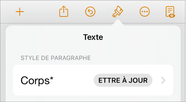 Style de paragraphe Corps avec un astérisque affiché à côté et un bouton Mettre à jour à droite.