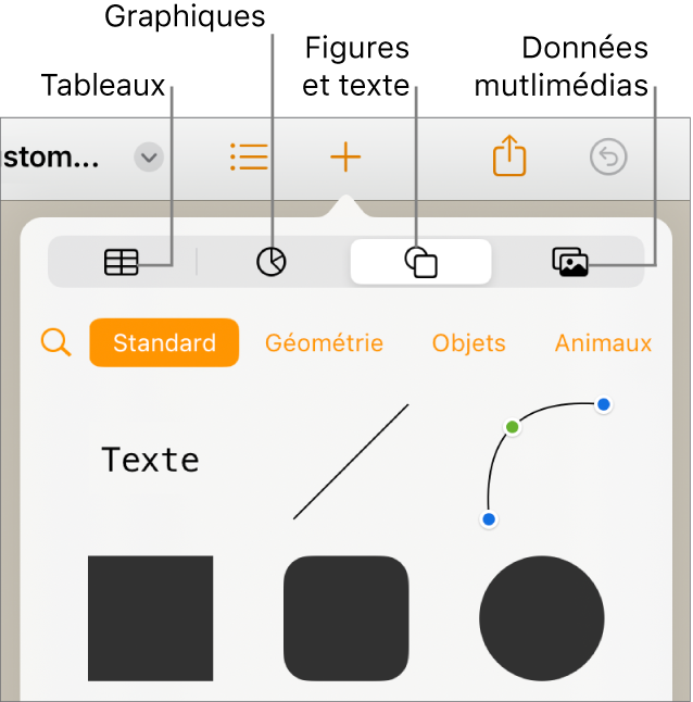 Commandes pour l’ajout d’un objet, avec des boutons en haut permettant de sélectionner des tableaux, des graphiques, des figures (notamment des lignes et zones de texte) et du contenu multimédia.