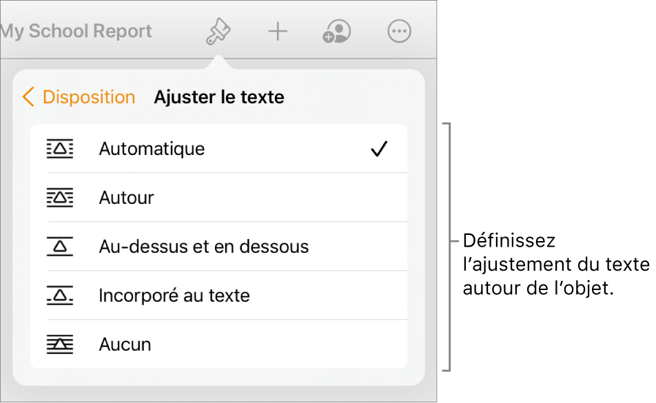 Les commandes Format avec l’onglet Disposition sélectionné. Les commandes « Ajuster le texte » avec les options « Placer derrière/devant », « Déplacer avec texte » et « Ajuster le texte » se trouvent en dessous.