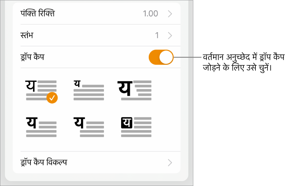 ड्रॉप कैप नियंत्रण, टेक्स्ट मेनू के नीचे होते हैं।