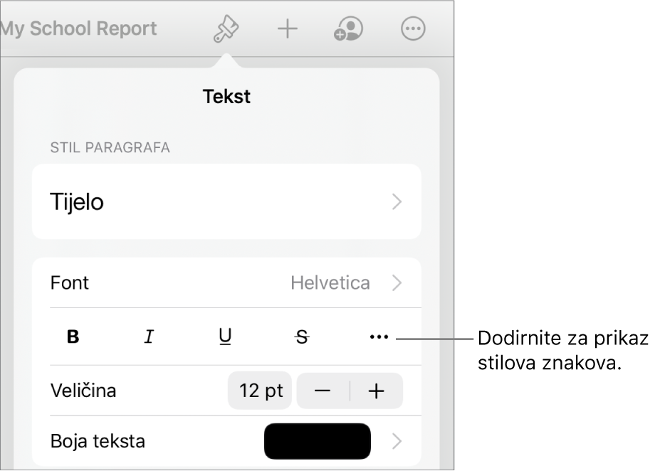 Kontrole opcije Formatiraj sa stilovima paragrafa pri vrhu, zatim kontrole Fonta. Ispod su tipke opcija teksta Podebljano, Kurziv, Podcrtavanje, Precrtavanje i Više.