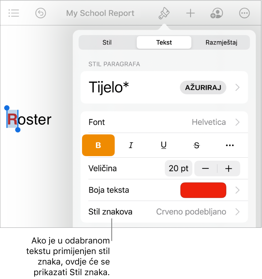 Kontrole formatiranja teksta s kontrolama za Stil znaka ispod kontrola Boja teksta.