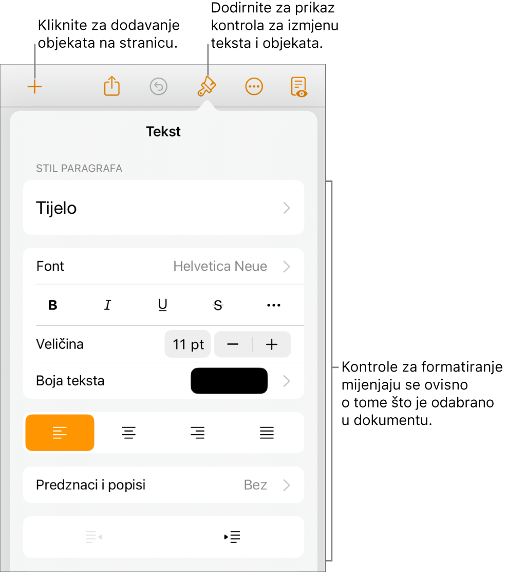 Otvaraju se Kontrole za formatiranje i prikazuju kontrole za promjenu stila paragrafa, izmjenu fontova i formatiranje razmaka između fontova. Balončići pri vrhu pokazuju tipku Formatiraj u alatnoj traci, a s desne je strane tipka Umetni za dodavanje objekata na stranicu.