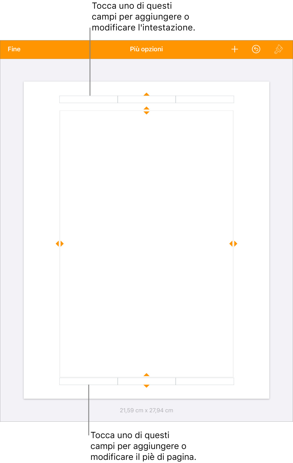La vista “Altre opzioni” con tre campi nella parte superiore del documento per le intestazioni e tre campi nella parte inferiore per i piè di pagina.
