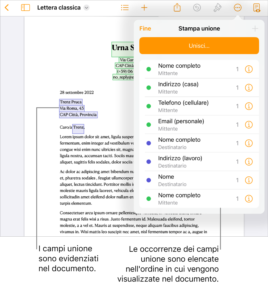 Documento di Pages con i campi unione del destinatario e del mittente e l'elenco delle istanze dei campi unione visibile nella barra laterale del documento.