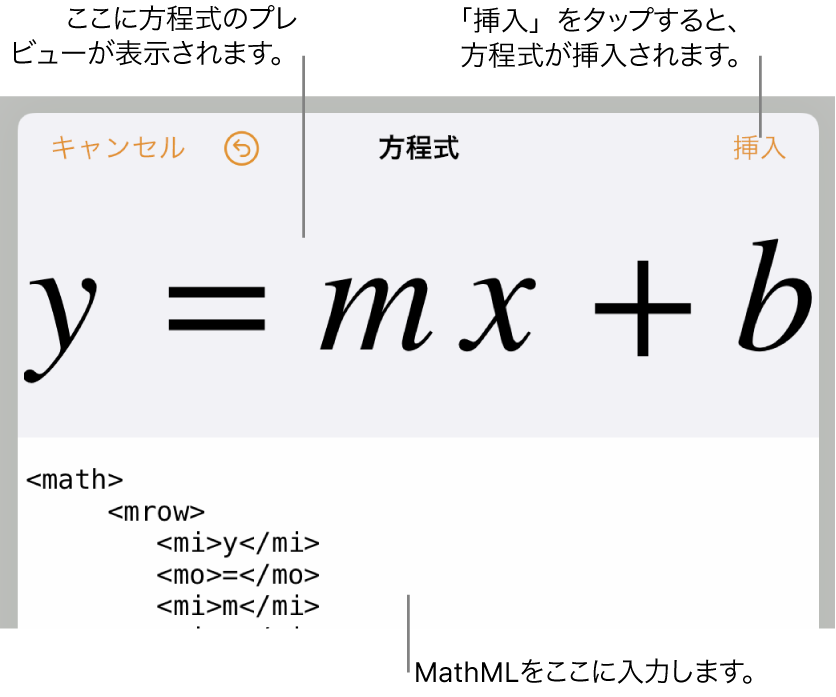直線の傾きを表す方程式のMathMLコードと、その上に表示された数式のプレビュー。