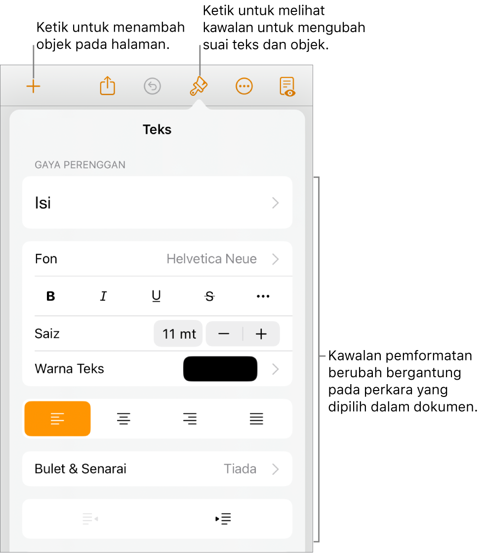 Kawalan Format terbuka dan menunjukkan kawalan untuk menukar gaya perenggan, mengubah suai fon dan memformat jarak fon. Petak bual di bahagian atas menunjukkan butang Format dalam bar alat dan di sebelah kanannya, butang Masukkan untuk menambah objek pada halaman.