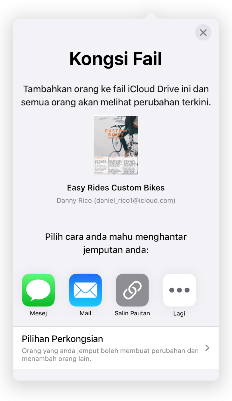 Skrin Tambah Orang menunjukkan gambar dokumen untuk dikongsi. Di bawahnya ialah butang untuk cara menghantar jemputan, termasuk Mail, Salin Pautan dan Lagi. Di bahagian bawah ialah butang Pilihan Perkongsian.