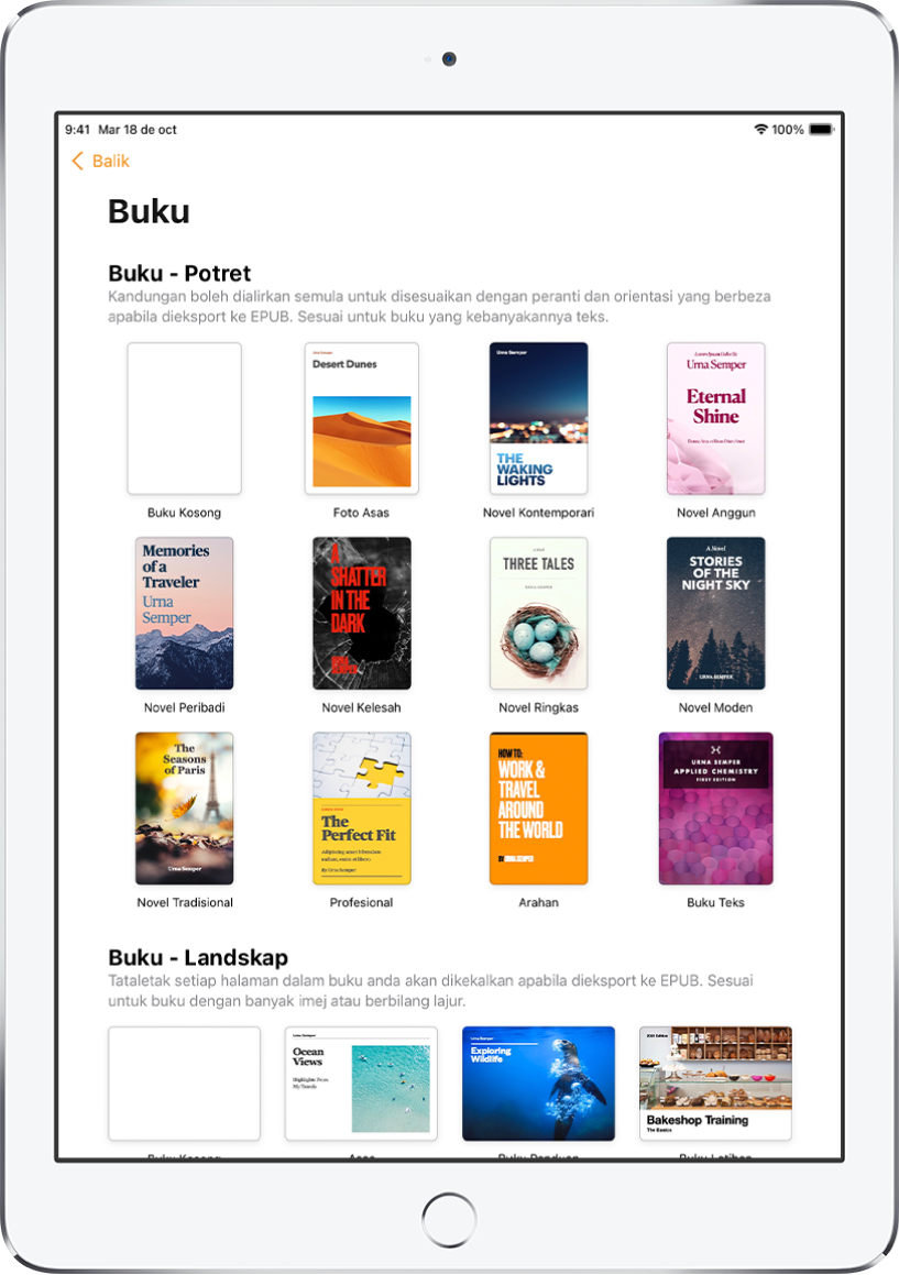 Pemilih templat dengan templat buku dalam orientasi potret di bahagian atas dan orientasi landskap di bahagian bawah.