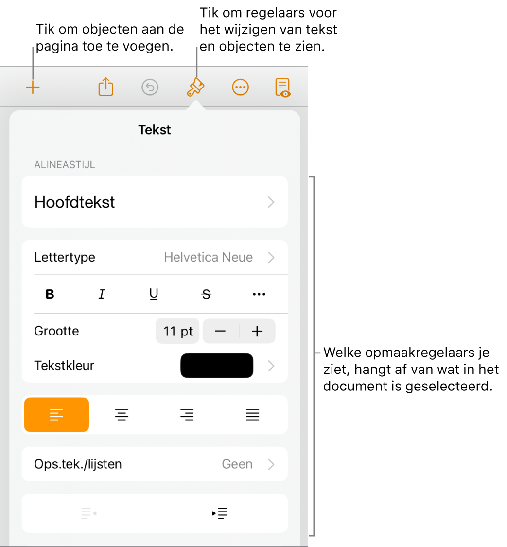 De opmaakregelaars met regelaars voor het wijzigen van de alineastijl, lettertypen en regelafstand. Bovenin staan bijschriften bij de opmaakknop in de knoppenbalk en bij de invoegknop rechts ernaast waarmee je objecten aan de pagina kunt toevoegen.