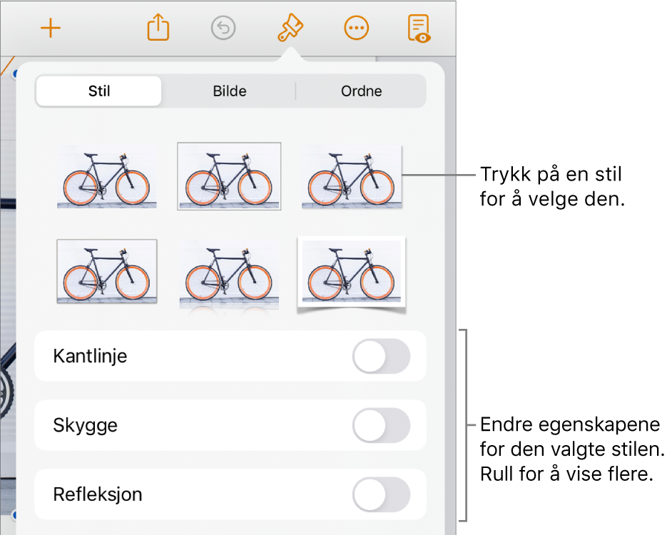 Stil-fanen i Format-menyen med objektstiler øverst og kontroller under dem for å endre kantlinje, skygge, refleksjon og opasitet.