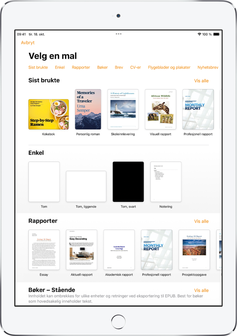Malvelgeren med en rad med kategorier langs toppen som du kan trykke på for å filtrere alternativene. Nedenfor vises miniatyrbilder av forhåndsdesignede maler arrangert i rader etter kategori, med Sist brukte øverst, etterfulgt av Enkel og Rapporter. En Vis alle-knapp vises over og til høyre for hver kategorirad.